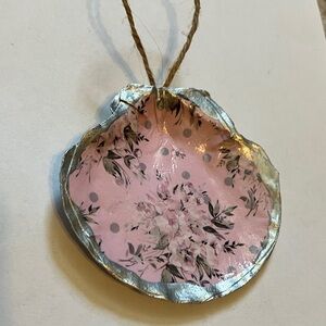 Handcrafted Shell Ornament Pink Floral Silver Metallic Decoupage
